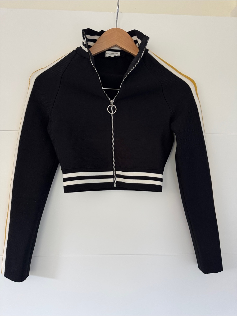 Cropped Black Bomber Jacket with Gold-Trim Stripes